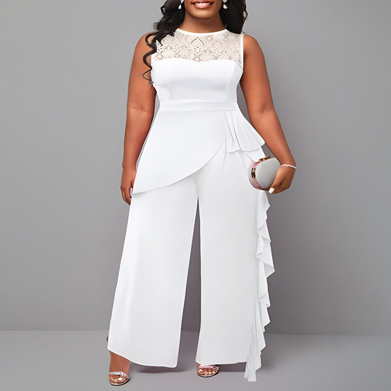 Plus Size Women Solid Career Lace  Loose Jumpsuit