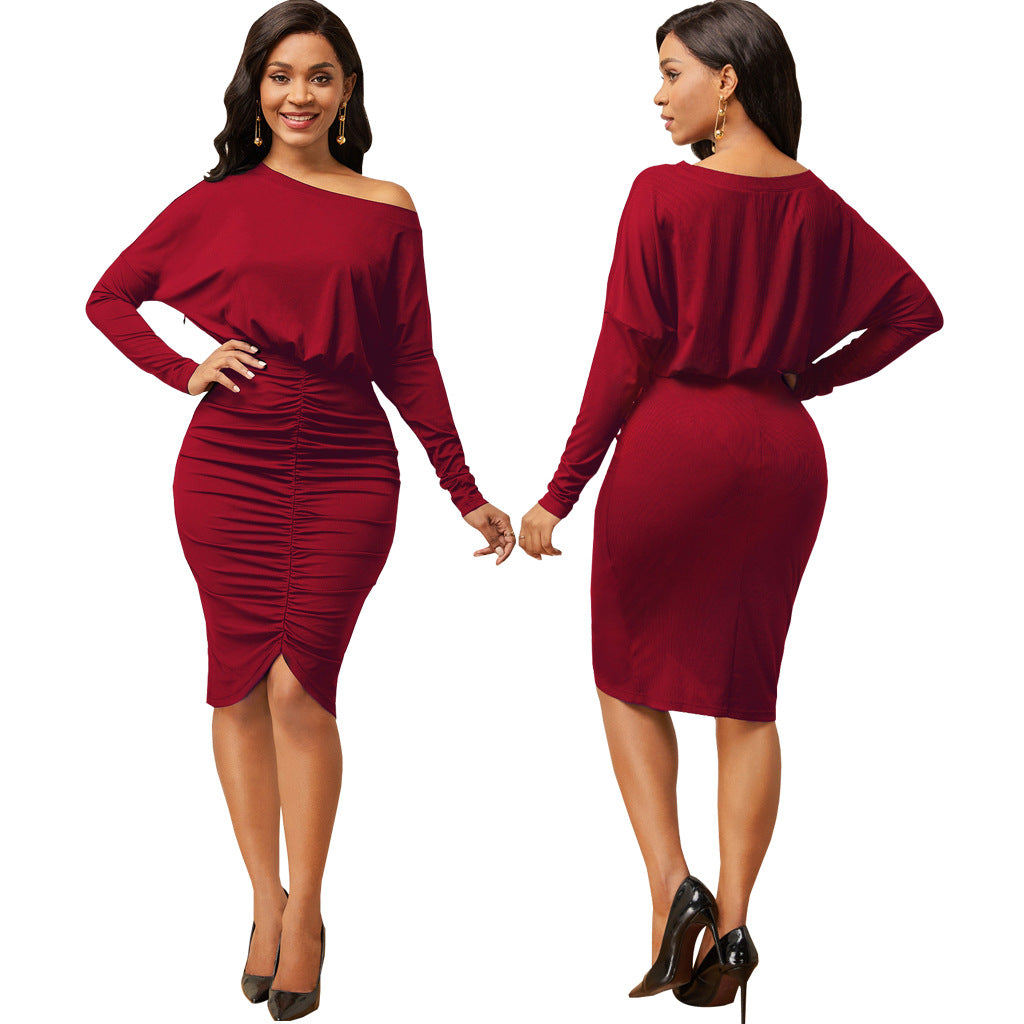 Sexy Fashion Solid Color Slash Shoulder Wrinkled Women's Dress 20