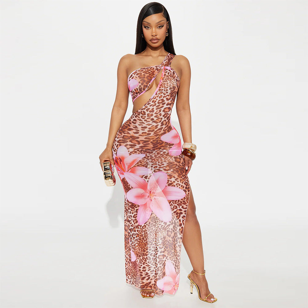 Slash Shoulder Hollow Sheer Mesh Print Dress for Women 6