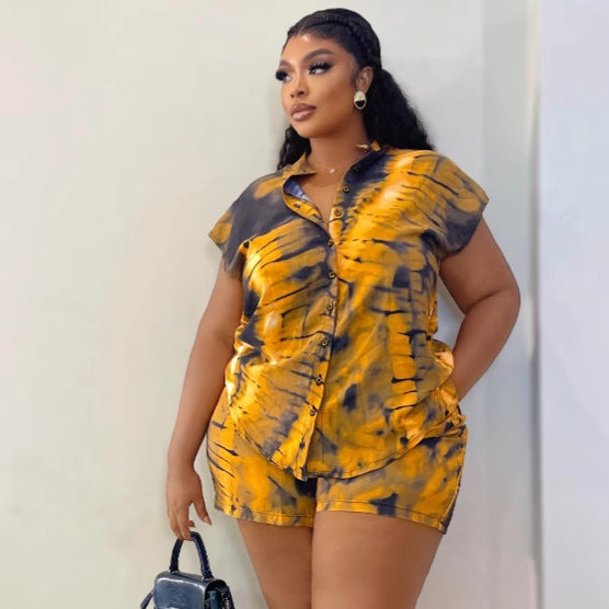 Women's Short Sleeve Turndown Collar Plus Size Print Shirt Casual Shorts African Fashion Loose Two-Piece Set 3