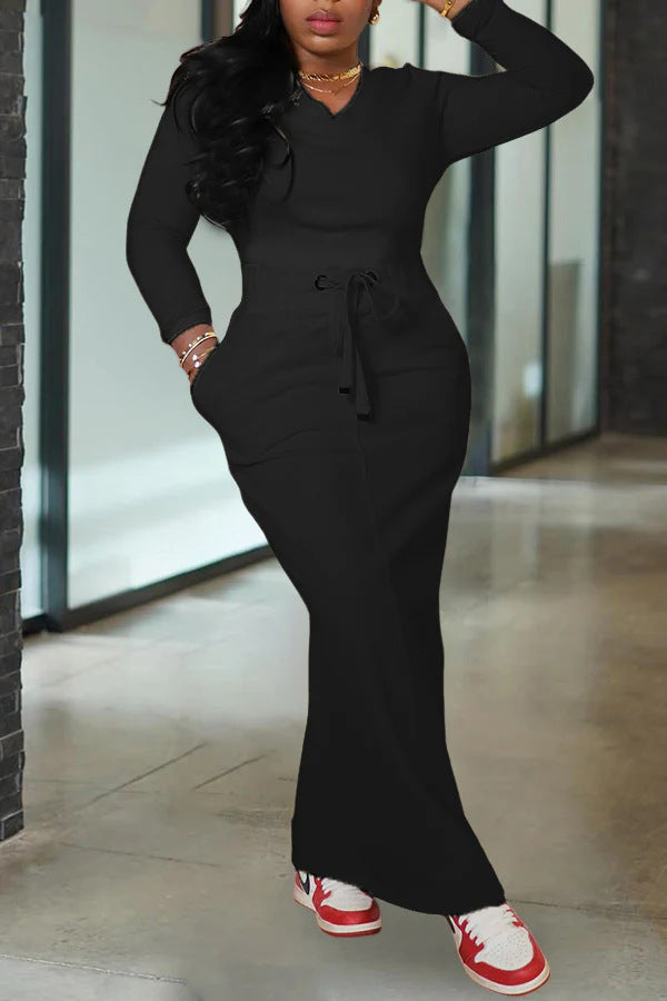 Women Solid long-sleeved Top and Skirt Two Piece