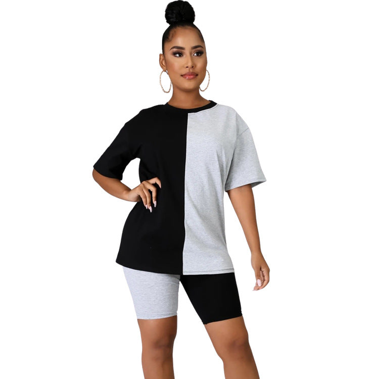 Women Summer Casual Color Block Round Neck Top and Shorts Two-piece Set 6