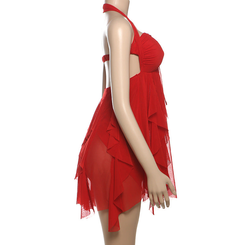 Summer Women's Sexy Halter Neck Low Back Asymmetrical Short Dress 32