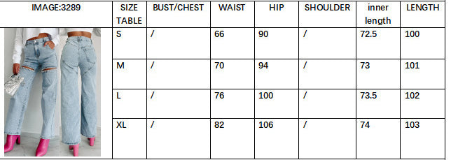 Summer Fashion Women's High Waist Chain  Ripped Straight Denim Pants 7