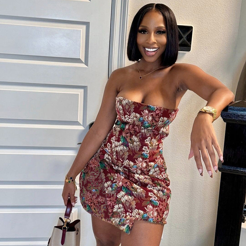 Women Sleeveless Strapless Flower Button Dress 3