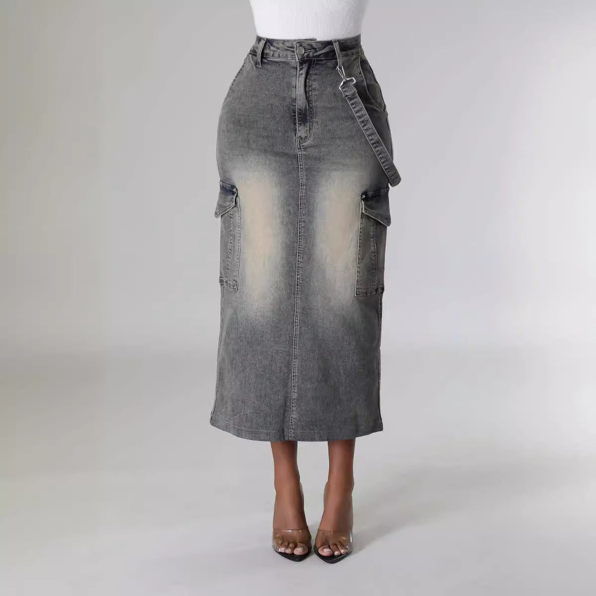 Pocket Stretch Denim Long Skirt 4