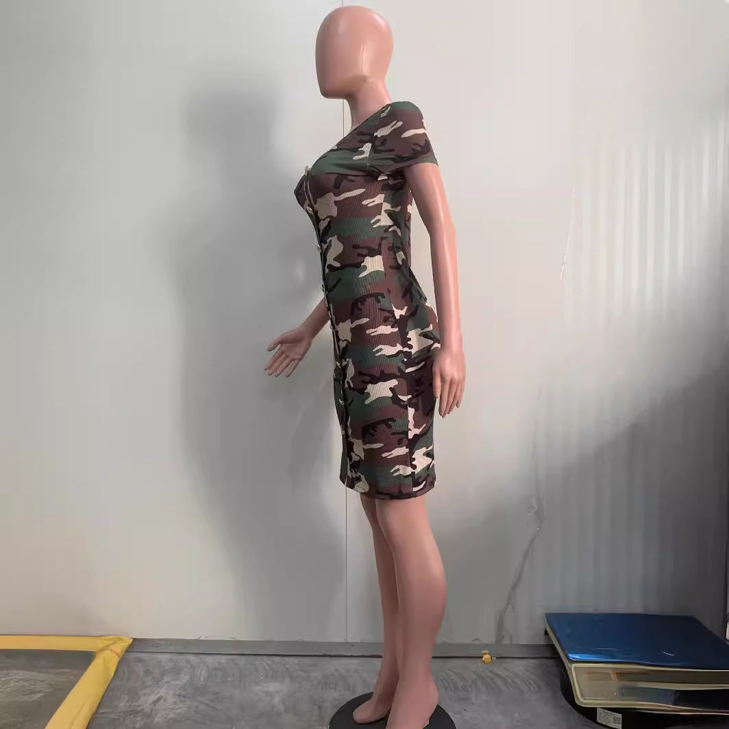 Summer Women's Fashion Ribbed Print Short Sleeve Sexy Dress 4