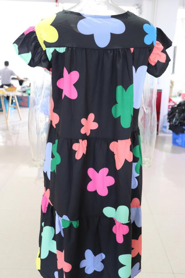 Plus Size Women Summer Dress Round Neck Pink Maple Leaf Casual Beach Dress 44