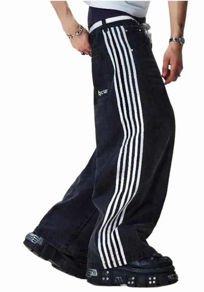 Women American Retro Casual Striped Denim Wide-leg Pants