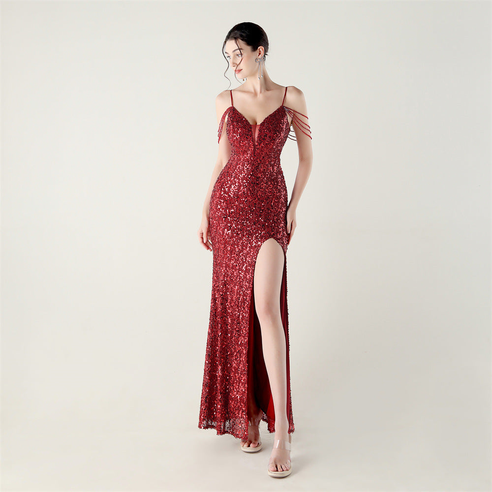 Women Heavy Beaded Tube Beaded Lace-Up V Neck Slit Suspender Formal Party Evening Dress 20