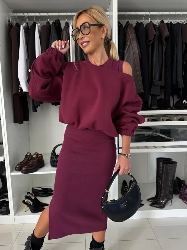 Autumn Loose Off Shoulder Bat Sleeves Top Long Skirt Two Piece Set For Women 4