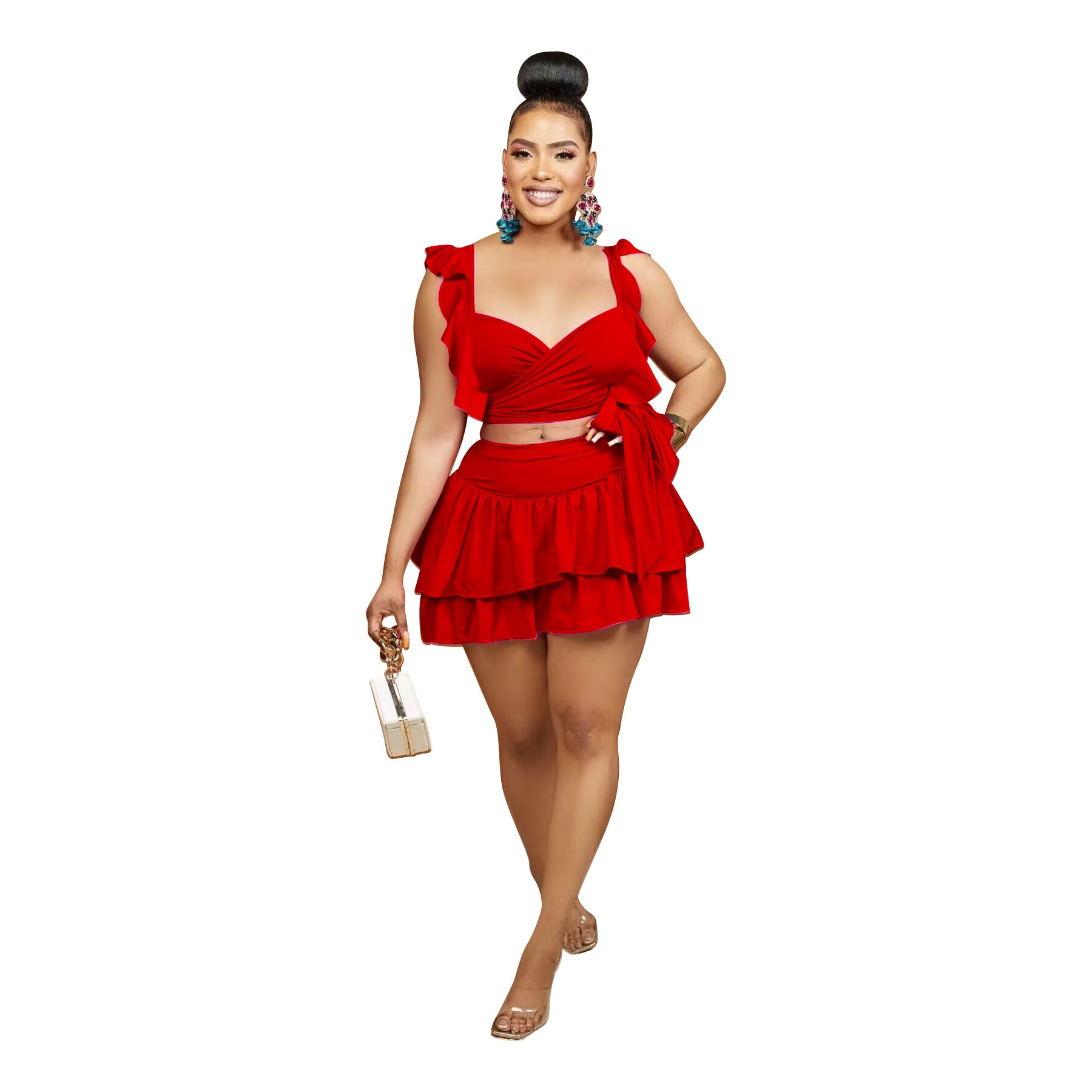 Women's Clothes Fashion Ruffles Wrapped Chest Lace Up Two-Piece Skirt Set 12
