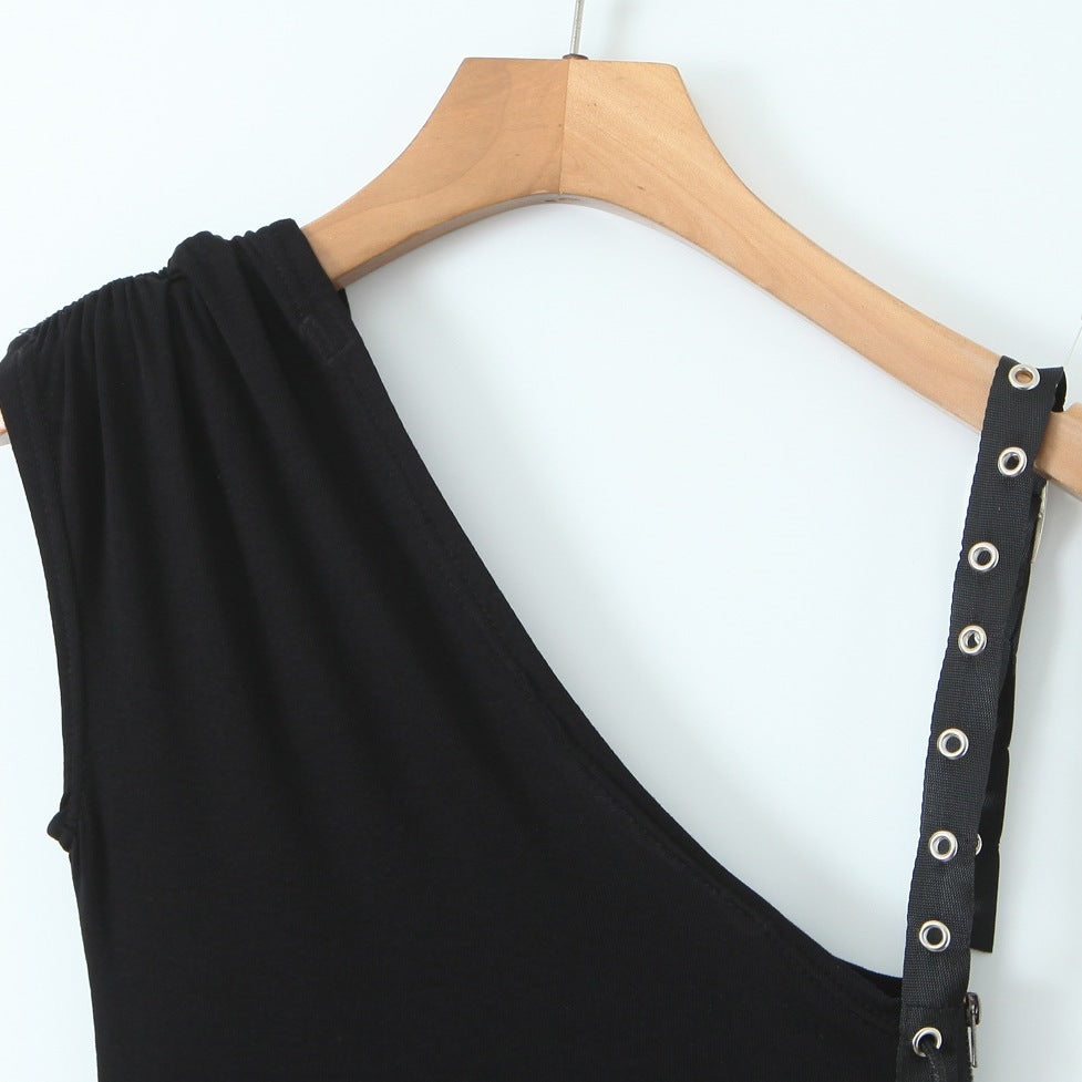 Women Spring Summer sexy irregular Slash Shoulder pleated Bodycon suspender skirt 6