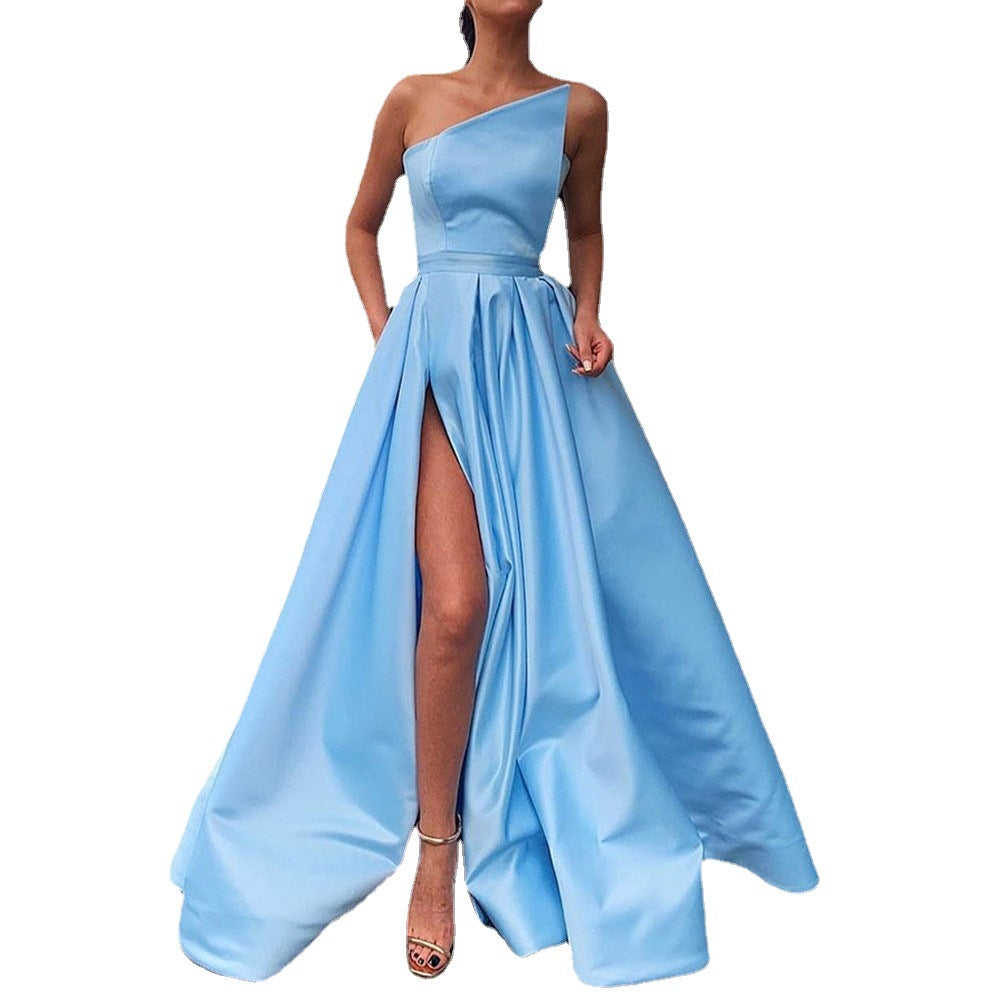 Women One Shoulder Strapless Sexy Slit Dress 9