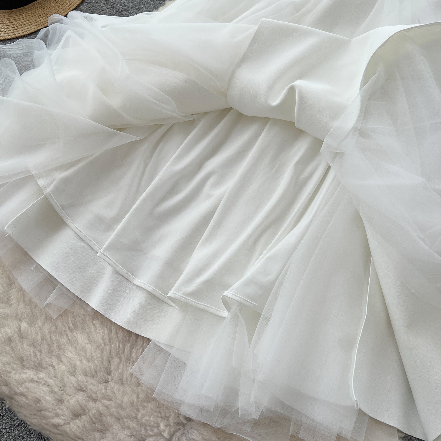 Women's Summer Square Neck Strap Mesh Patchwork Puffy Long Dress 15