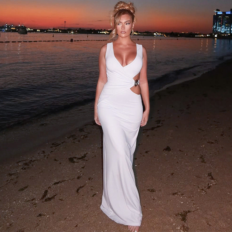 Sexy Solid V-Neck Long Dress with Sheer Cutouts Bodycon Dress 7