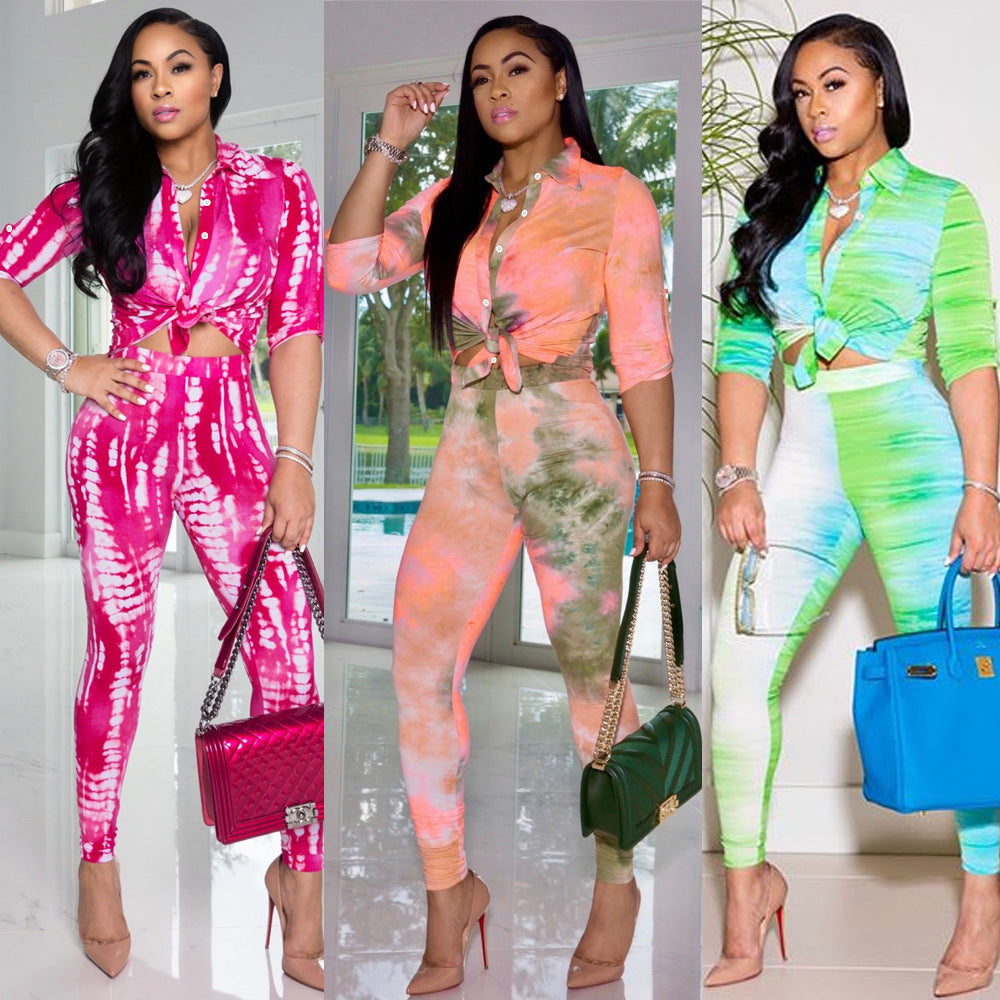 Women printed Turndown Collar shirt and Pants Two-piece Set 10