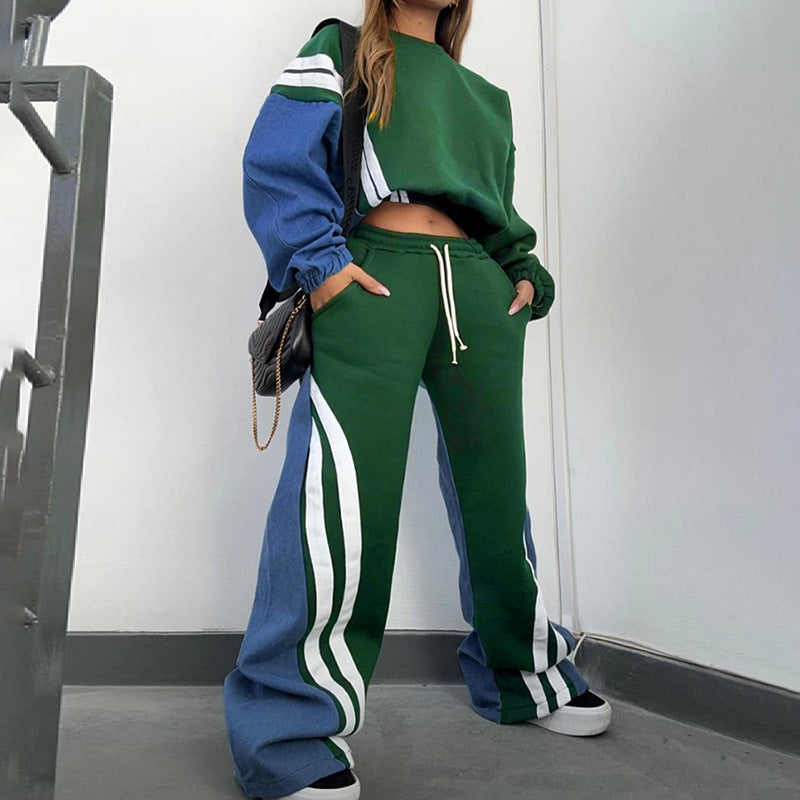 Women Contrast Stripe Patchwork Loose Wide Leg Pants 4