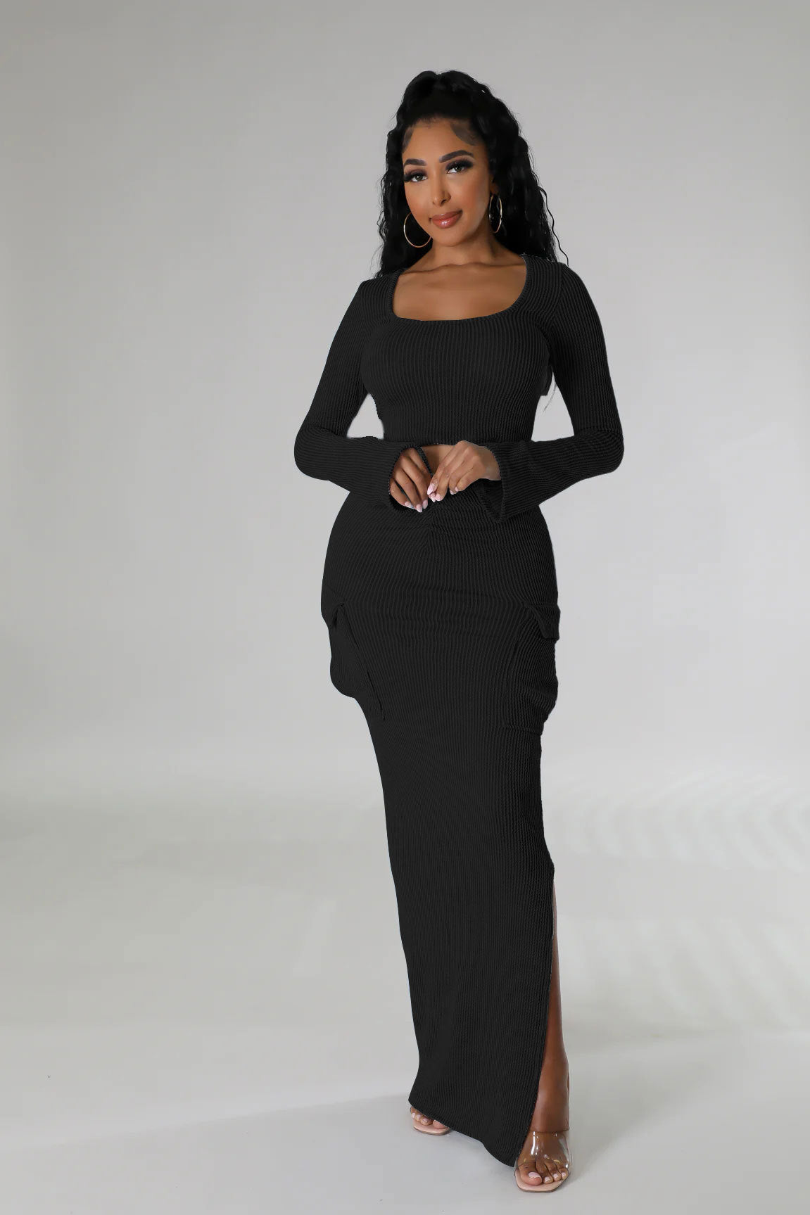 U-neck Tight Fitting short top with high waist and slit Bodycon long skirt autumn and winter two-piece set 10