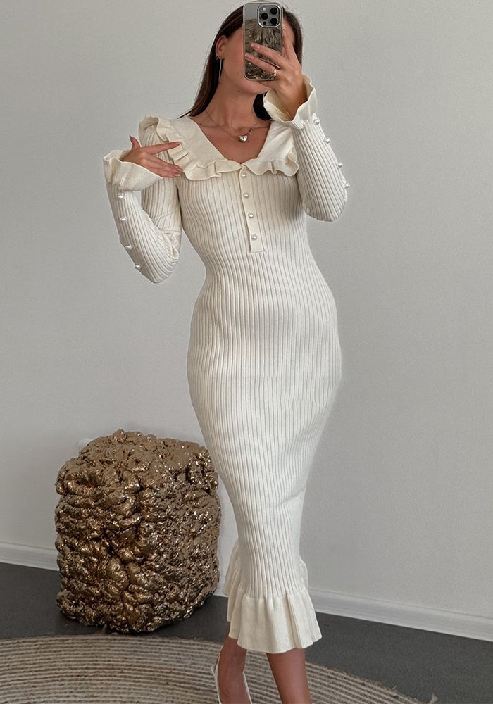 Women Autumn Retro Contrast Peter Pan Collar Ruffle Knitting Dress