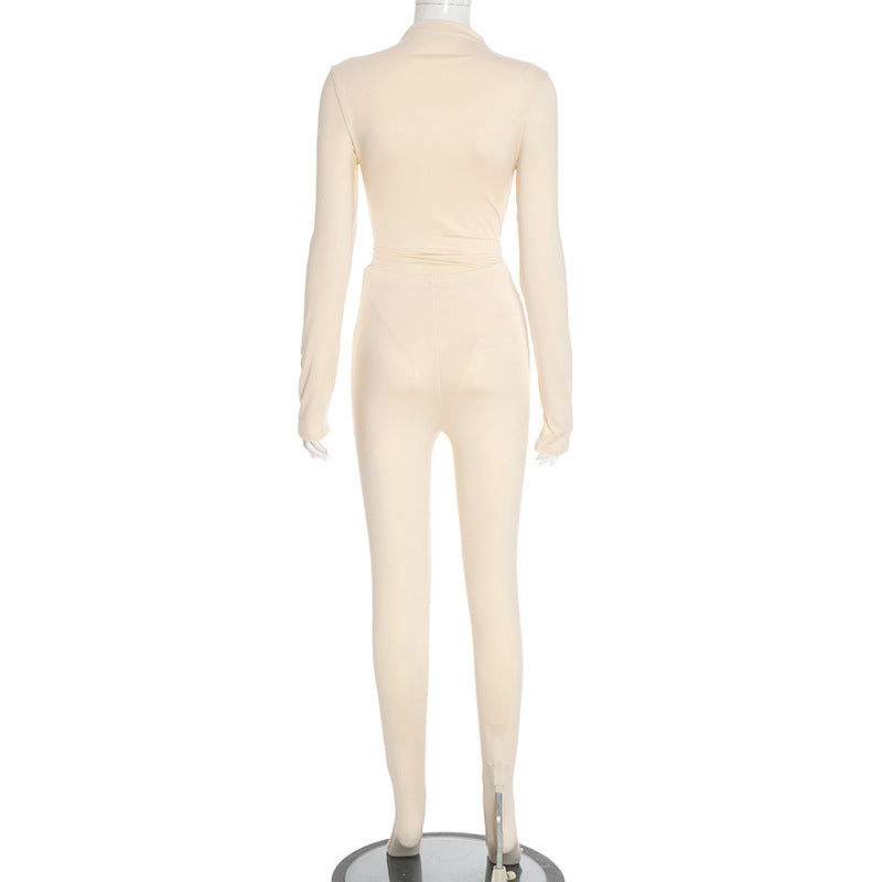 Women Autumn/Winter Solid Turtleneck Long-Sleeved Bodysuit with Covered Legs Two-Piece Set 14