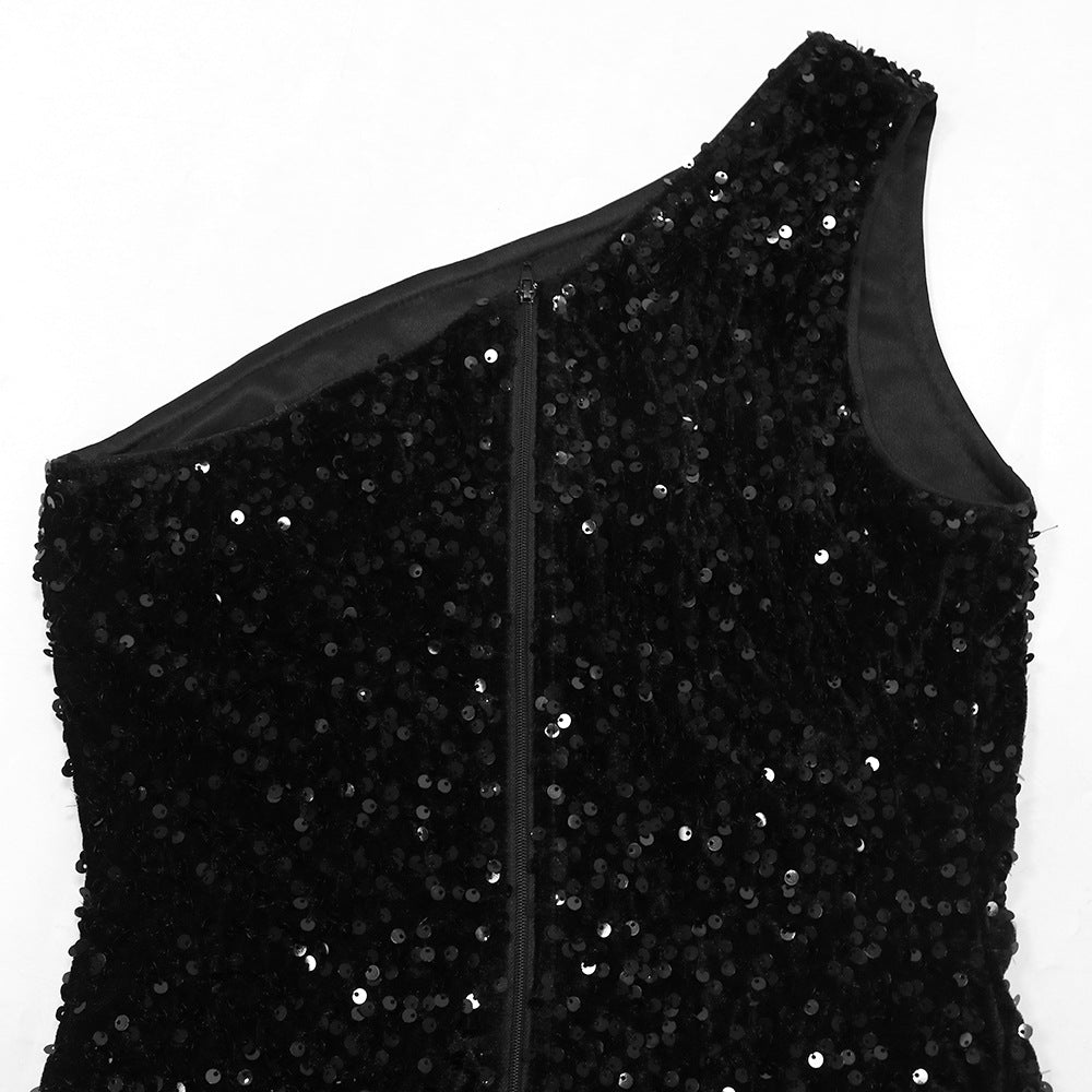 Fashion Slash Shoulder Feather Sequin Slit Club Dress 14