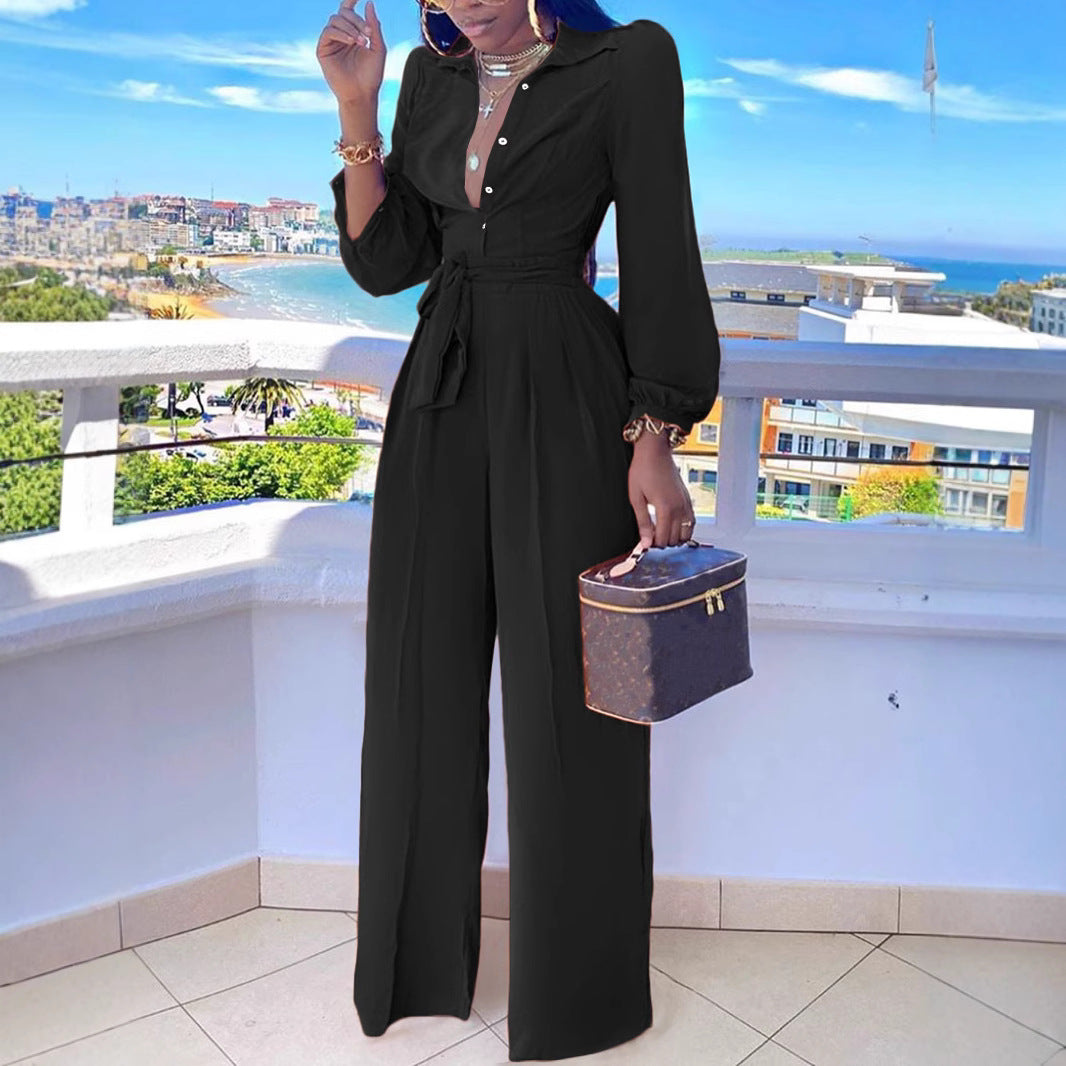 Women Solid Casual Shirt Collar Jumpsuit with Belt