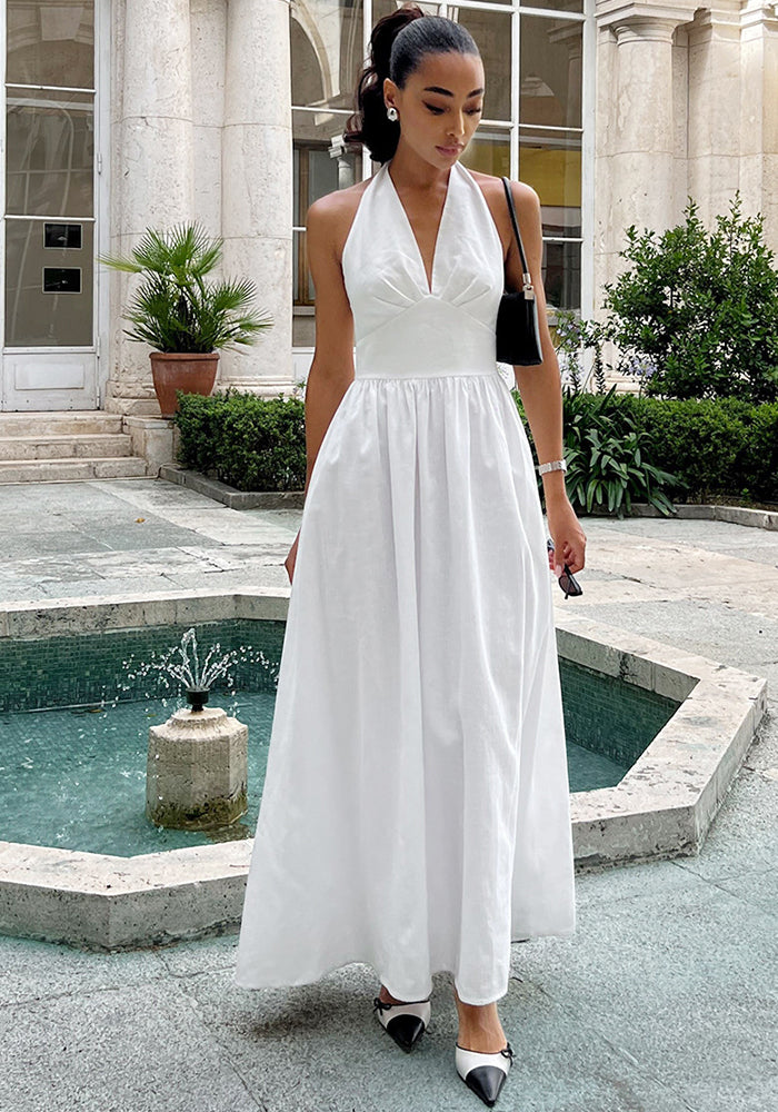 Women Spring Summer Solid v-neck Backless Lace Dress