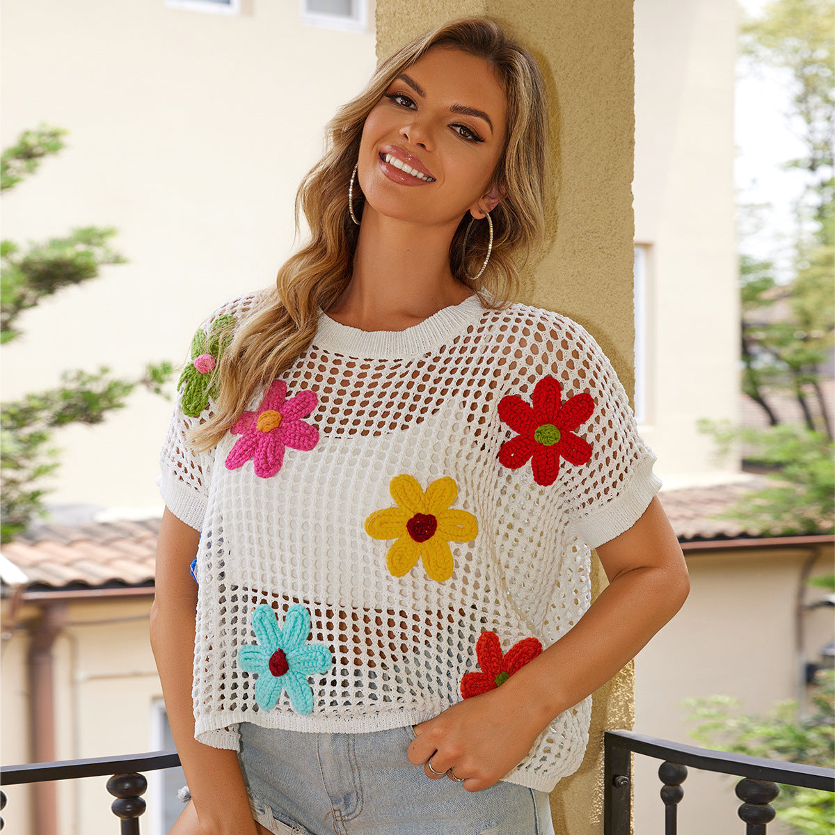 Women Summer Pullover Contrast Round Neck hollow stripe top 8