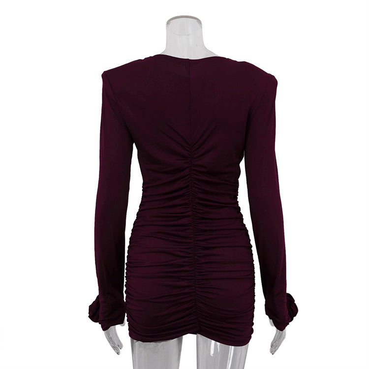 Women Sexy Round Neck Long Sleeve Pleated Bodycon Dress 6