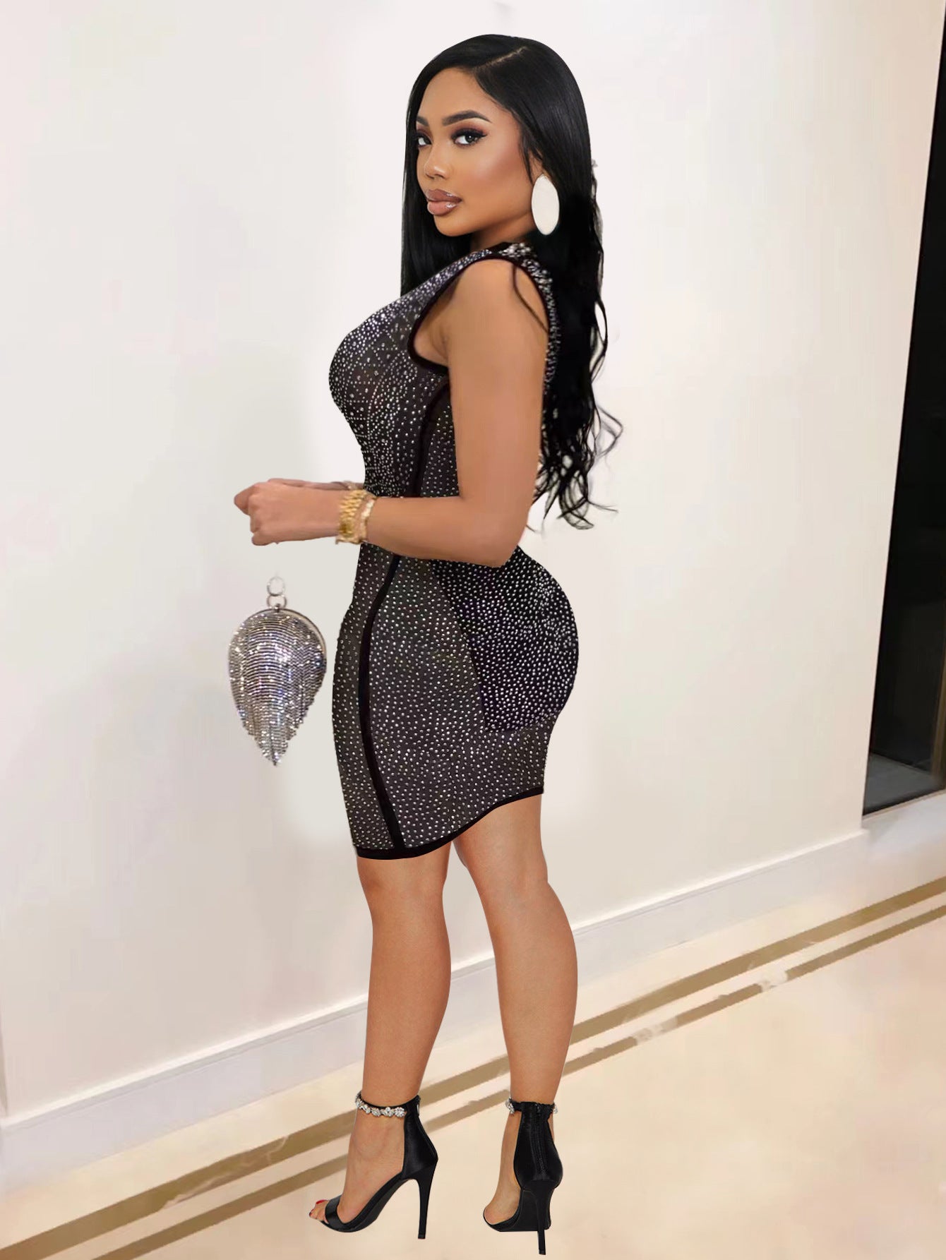 Fashionable Sexy Slim Beaded See-Through Mesh Women's Nightclub Bodycon Dress 3