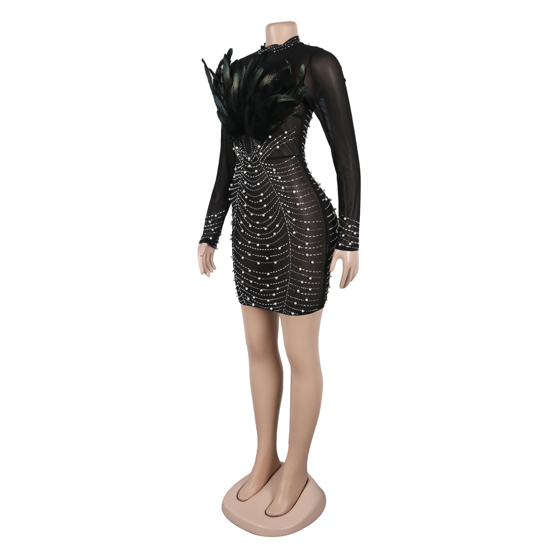 Sexy See Through Mesh Long Sleeve Beaded Feather Bodycon Dress 8