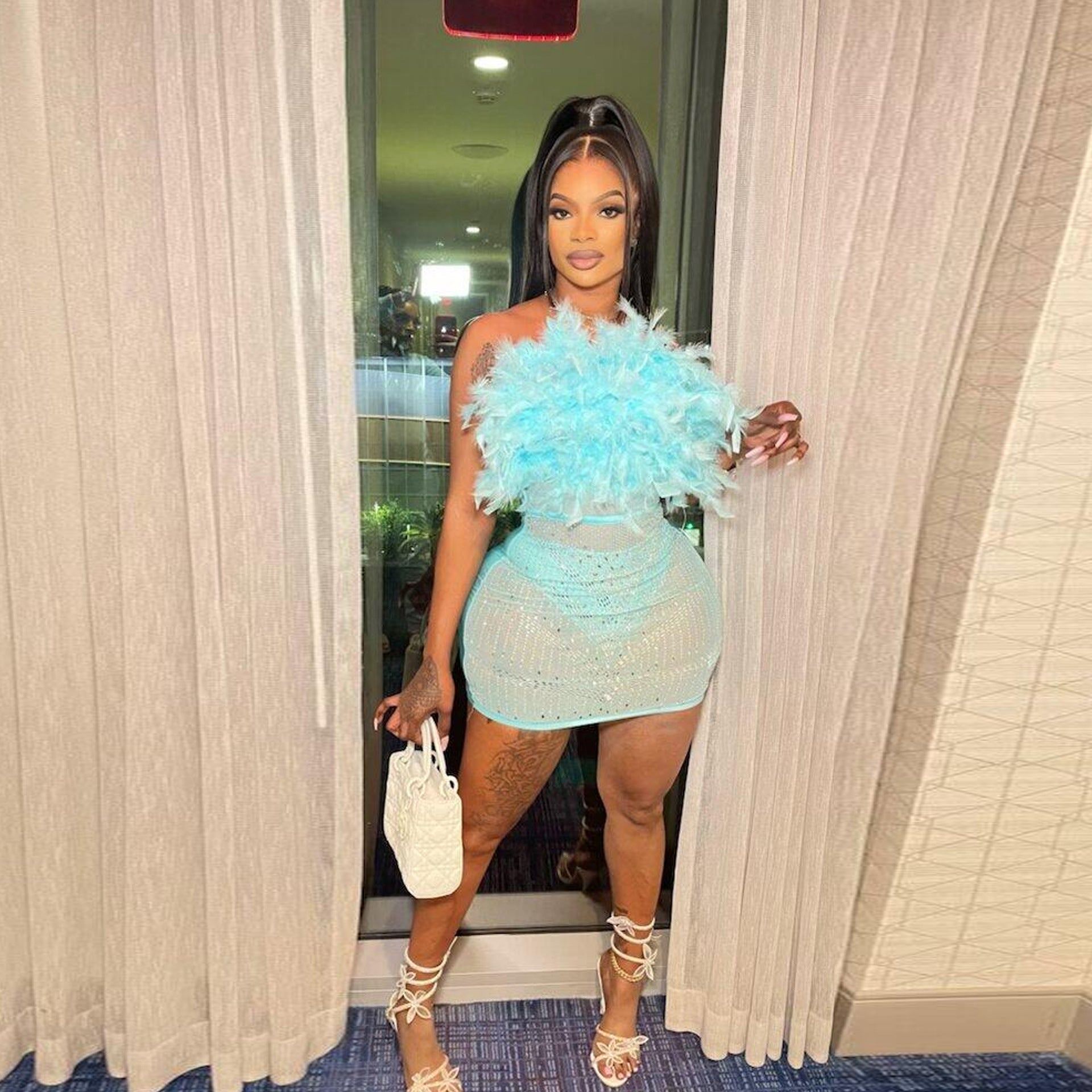 See-Through Slim Feather Beaded Sleeveless Strapless Bodycon Dress 7