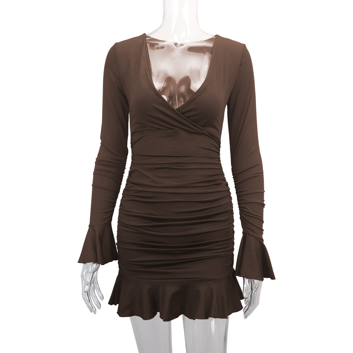 Fashion Sexy Deep V Neck Long Sleeve Ruffle Bodycon Dress 12