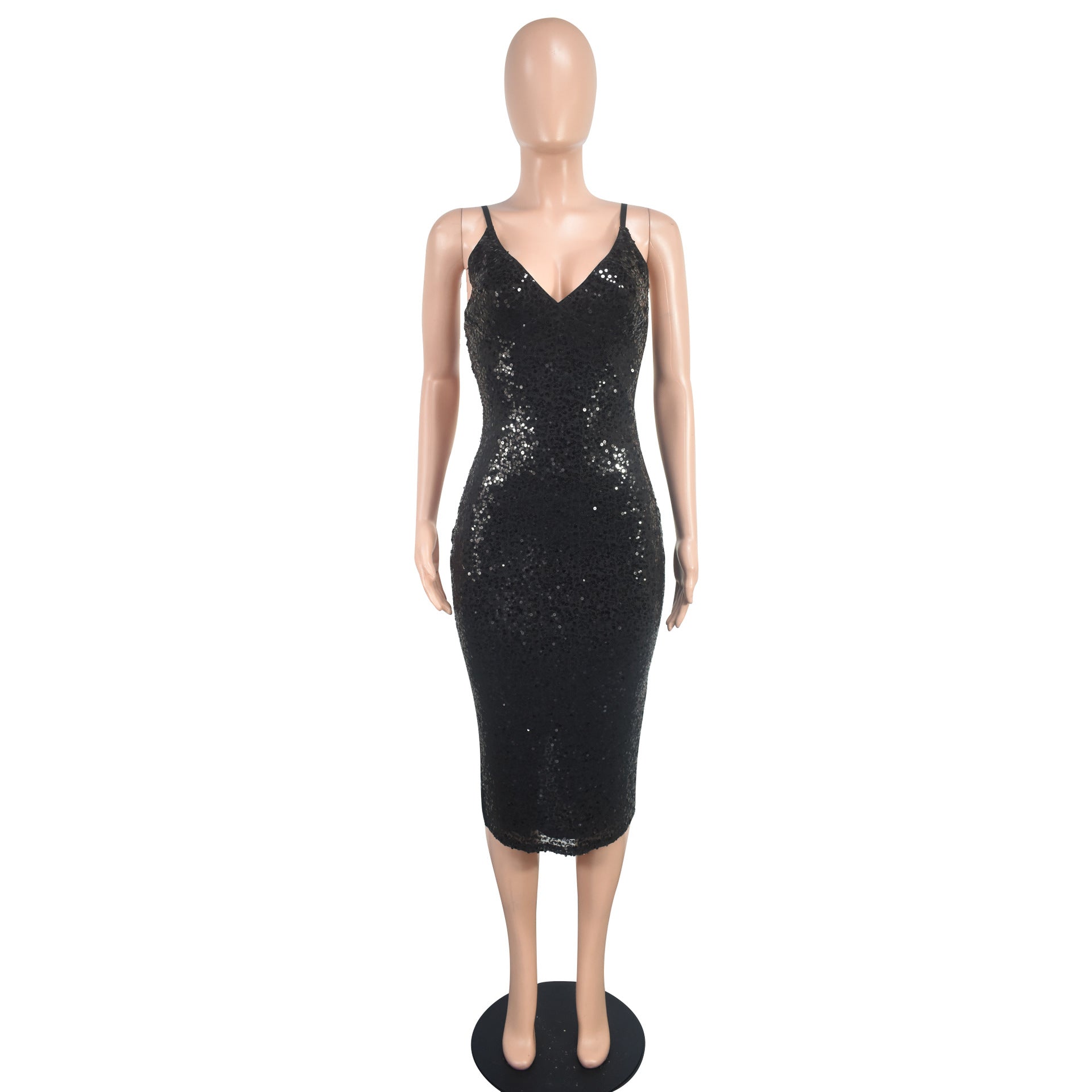 Women Solid Sequin Sexy Camisole V-neck Dress 6