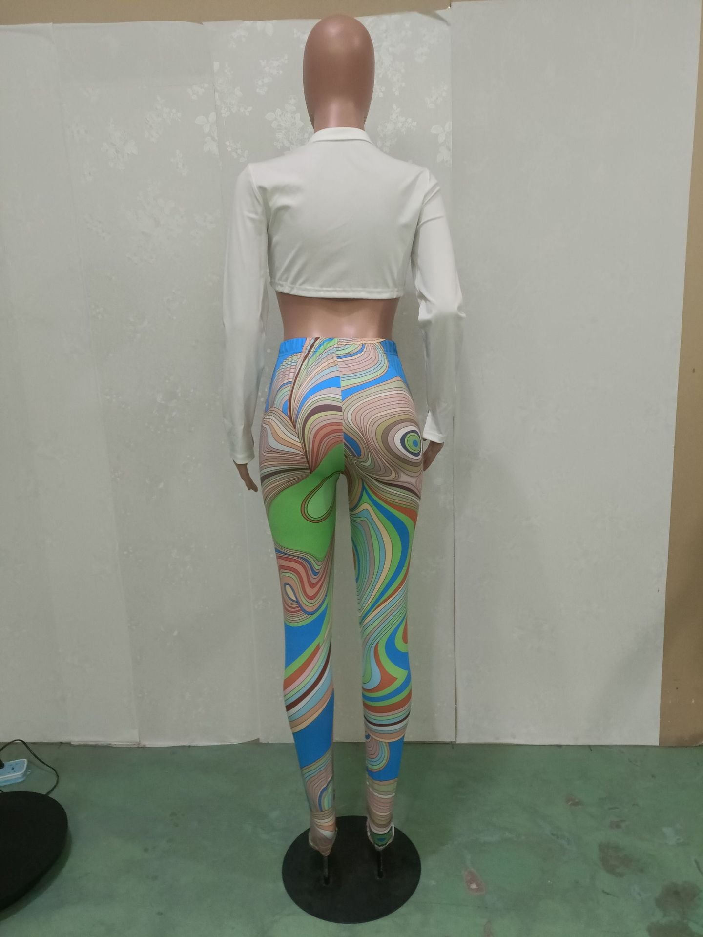 Sexy Solid Color Lace-Up Top Printed Tight slim pants two piece set 10