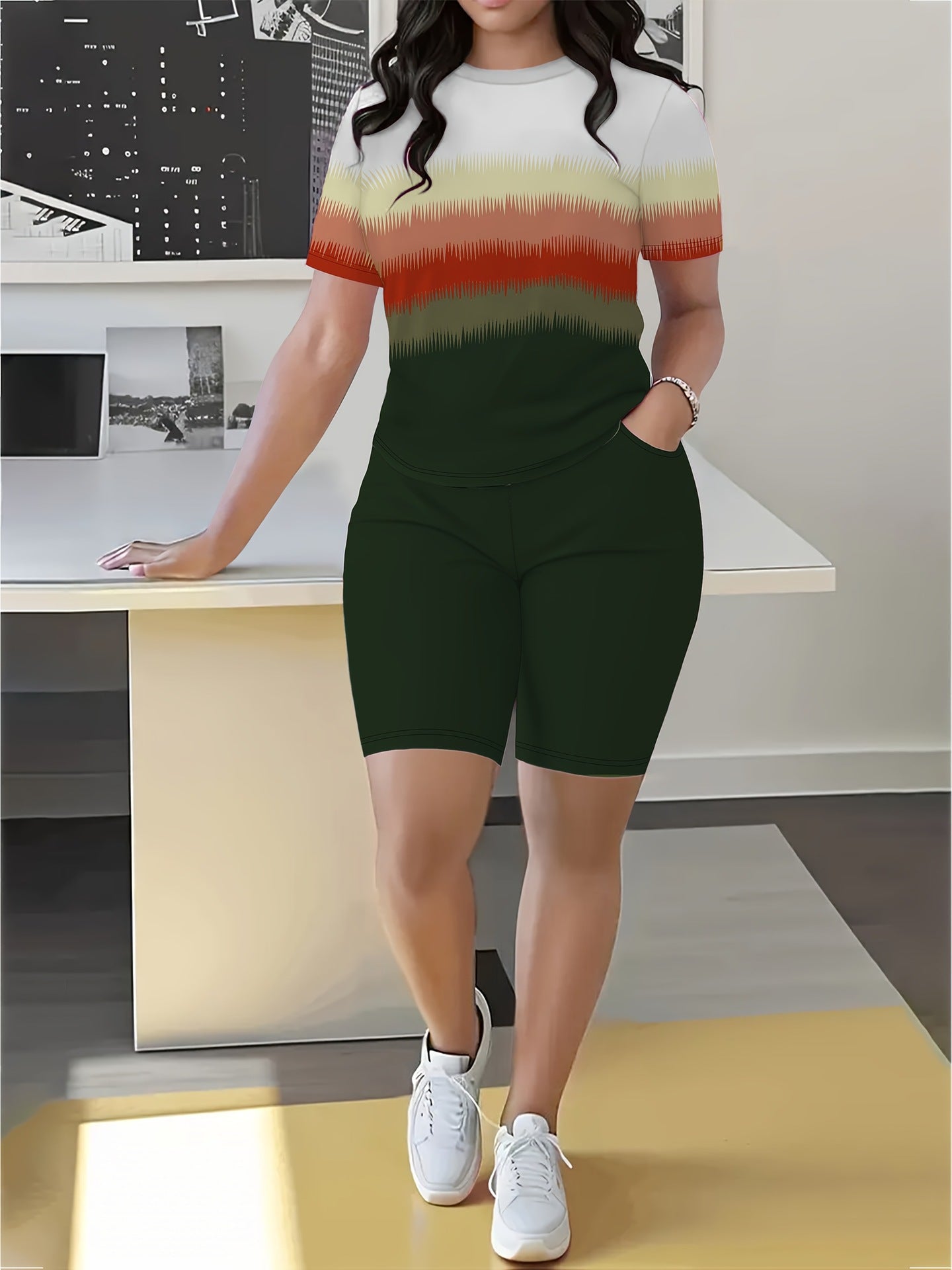 Women's Spring/Summer Geometric Stripe Round Neck T-Shirt & Tight-Fit Shorts Casual Set 19