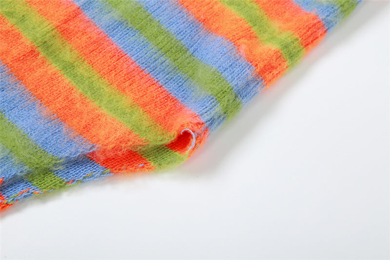 Autumn Women sexy knitting striped contrast top and slit skirt two-piece set 22