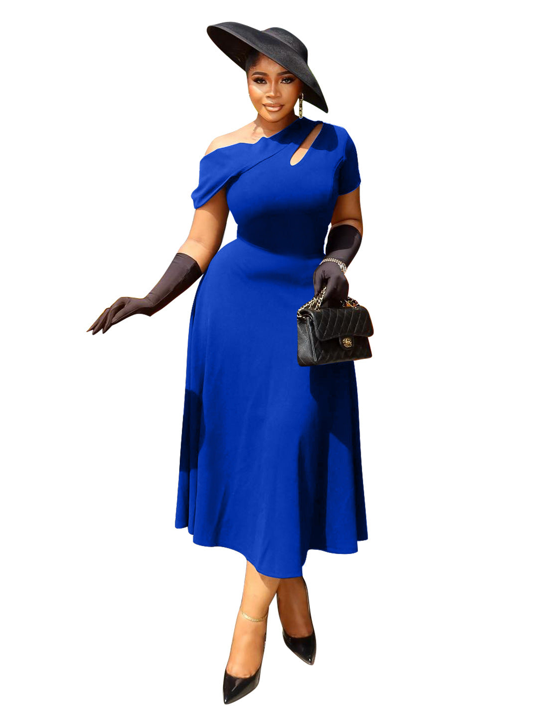 Summer Fashion Women's Slash Shoulder Cut-Out Solid Slim Waist Long Dress 11