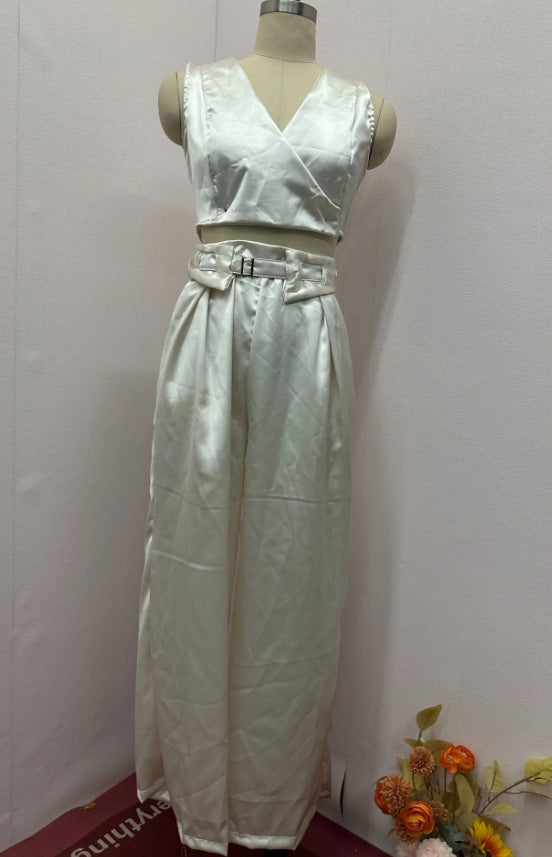 Summer women's solid color v-neck vest wide-leg trousers fashion set 12