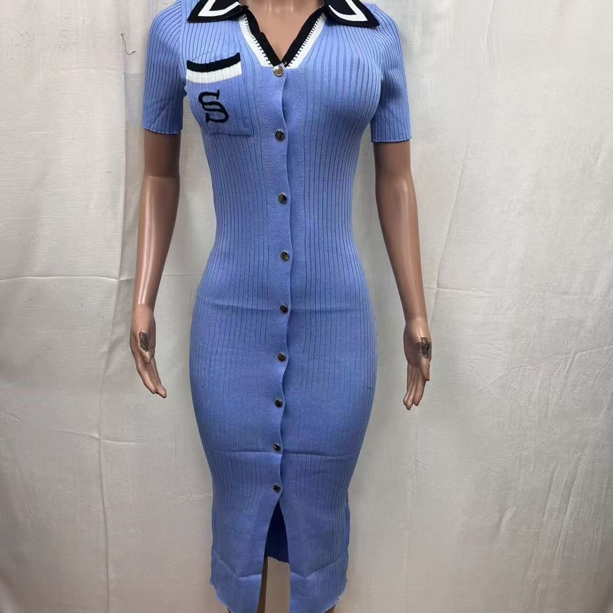 Women Fall/Winter French Contrast Color Embroidered Polo Neck Long-Sleeved Knitted Dress