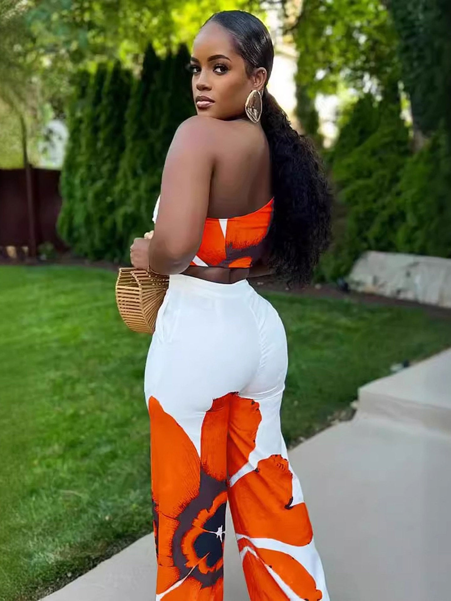 Women's Fashion Sexy Floral One-Shoulder Slim Vest Wide Leg Pants Two-Piece Set