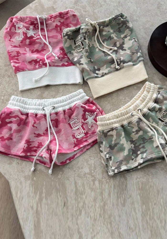 American Streetwear Color-Block Camo Strapless Top & Jogger Shorts Set