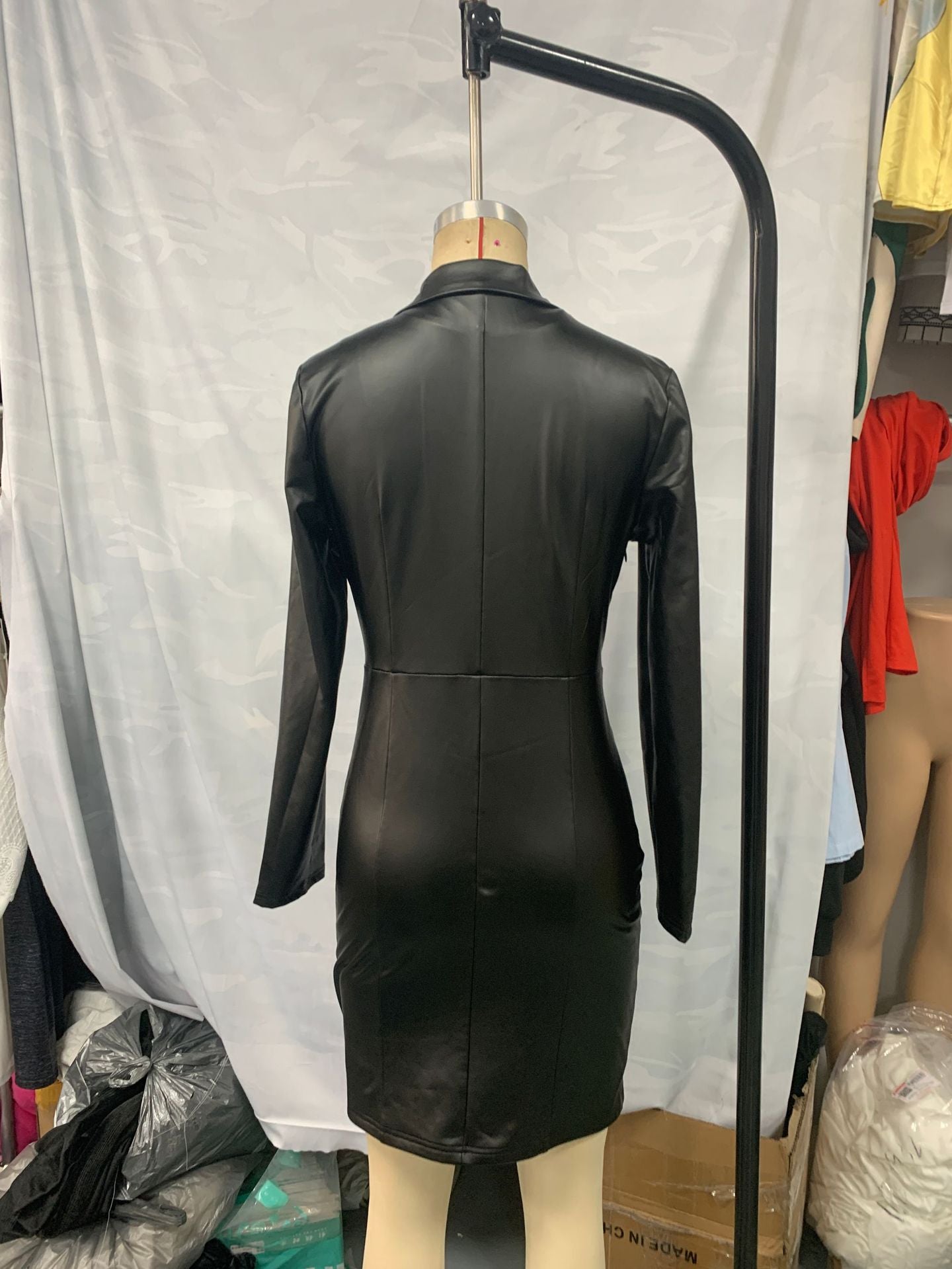 V-Neck Slim Sexy Long-Sleeve PU Leather Dress 7