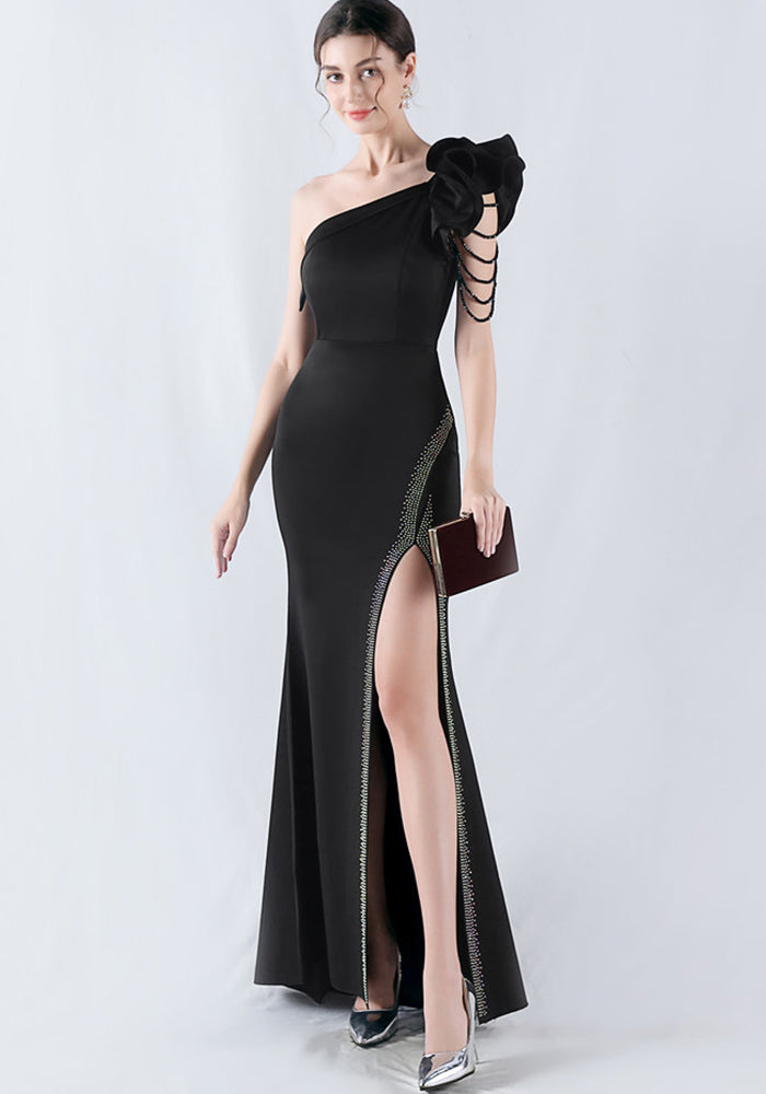 Women Lotus Leaf Shoulder Slash Shoulder Beaded Beaded Evening Dress