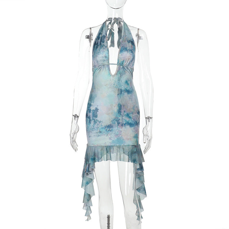 Women summer Holidays V Neck hollow ruffled Halter Neck dress 6