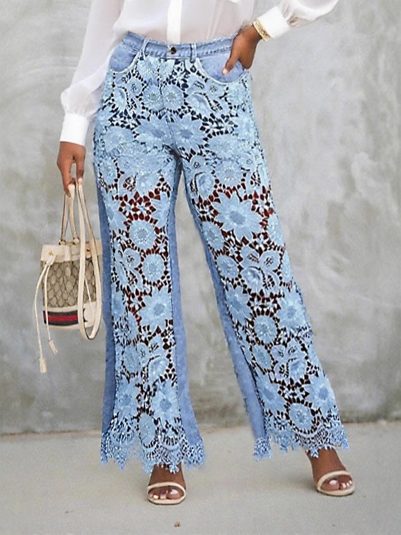 Women's Cut-Out Lace Patchwork Denim Pants 4
