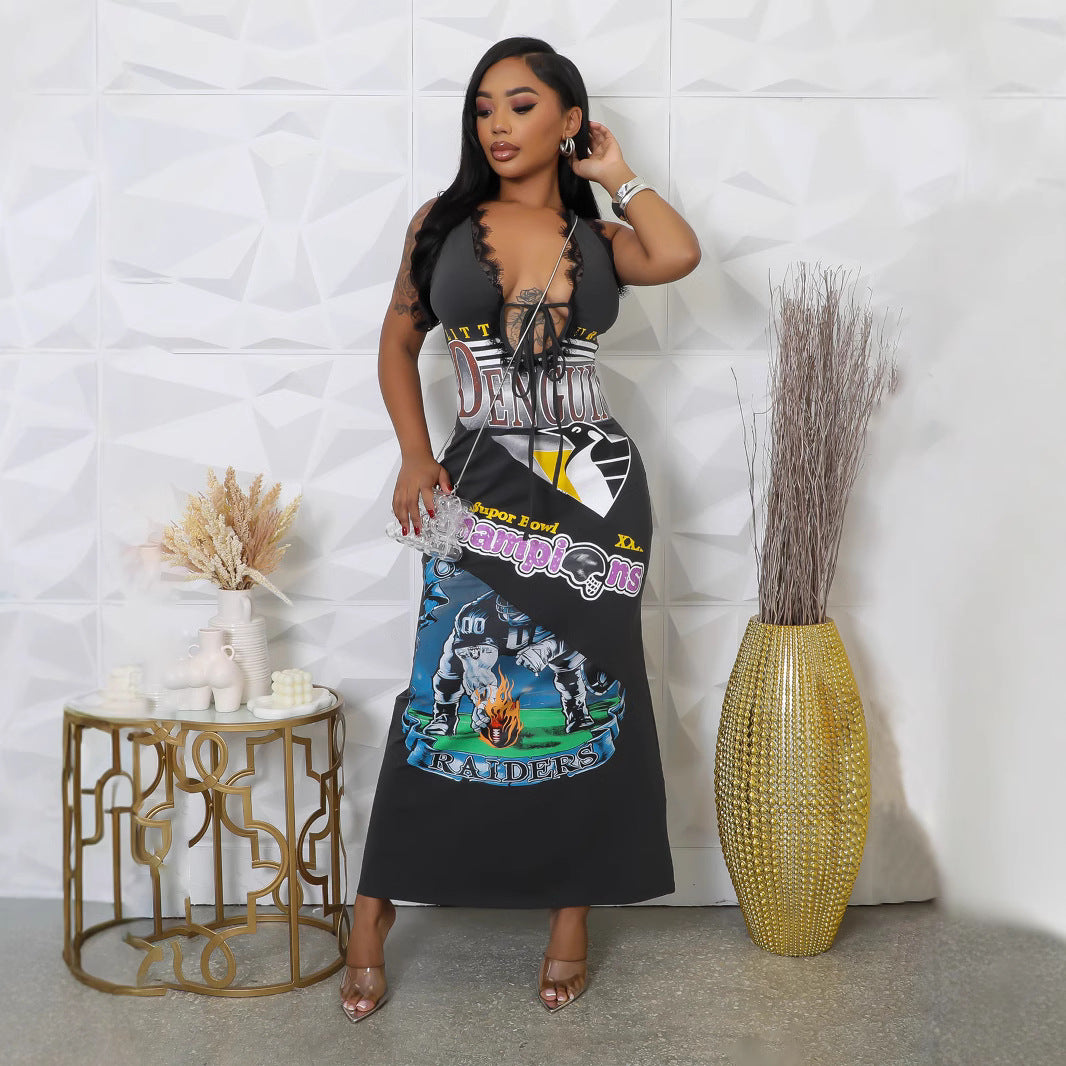 Women sexy lace v-neck sleeveless printed lace suspender dress