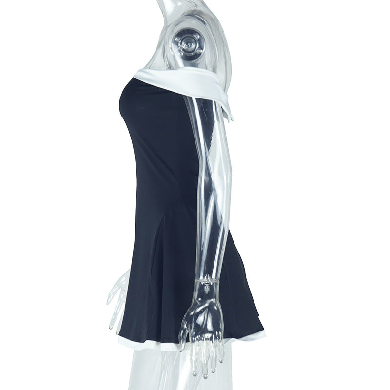 Women's clothing black and white color matching fresh Off Shoulder A-line short dress 8