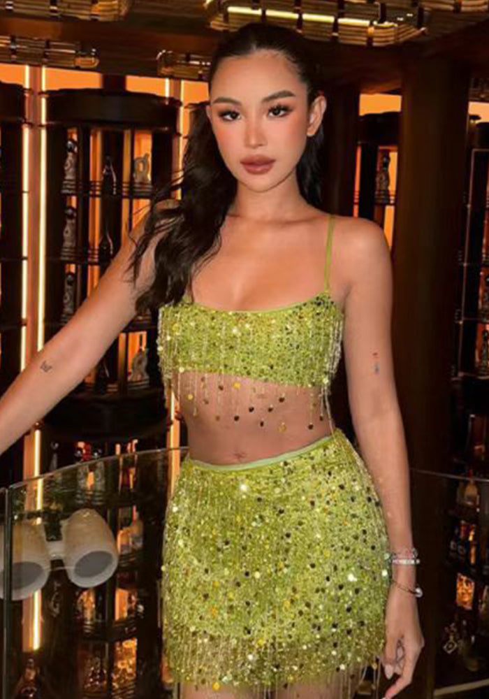 Slim sequins Trendy fashion tassel Strap skirt set